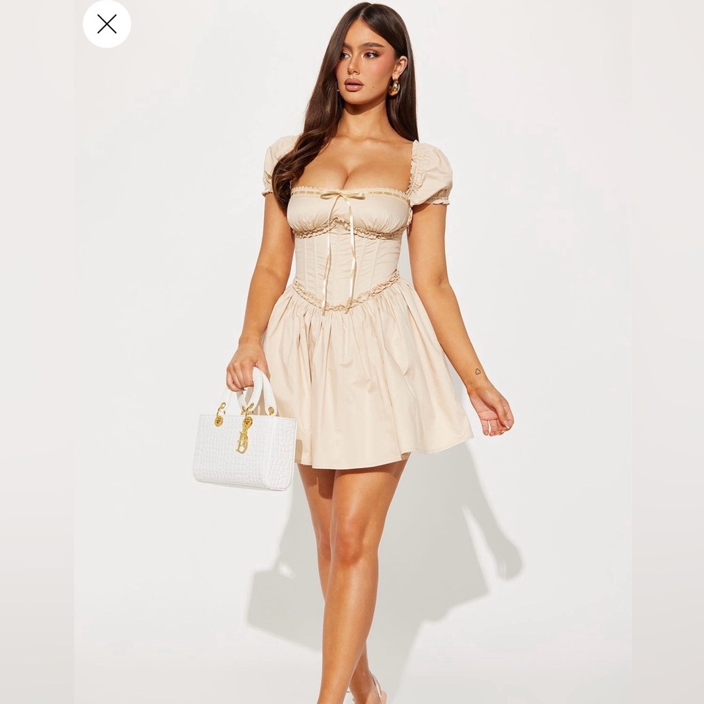 Fashion Nova Cream Puff-Sleeve Corset Mini Dress